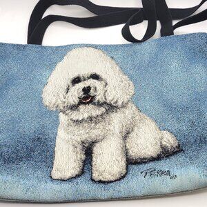 Linda Picker Bichon Frise Puppy Dog Blue White Tapestry Tote Bag Large